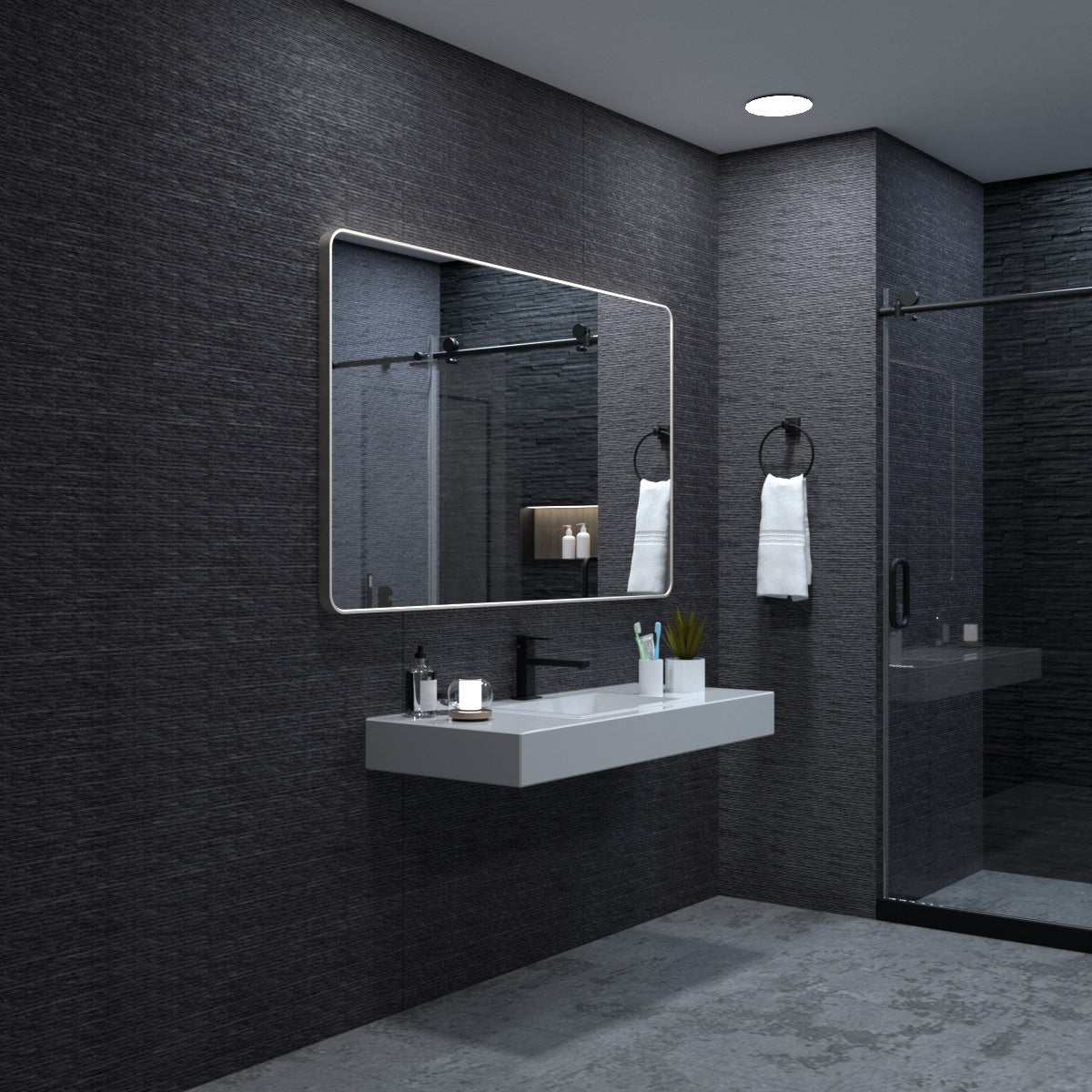 60X36 In. Aluminum Framed Rounded Rectangle Bathroom Wall Mirror, Brushed Nickel Bathroom Vanity Mirror Farmhouse, Anti Rust, Tempered Glass Mirrors, Hangs Horizontally Or Vertiy Brushed Nickel Aluminum