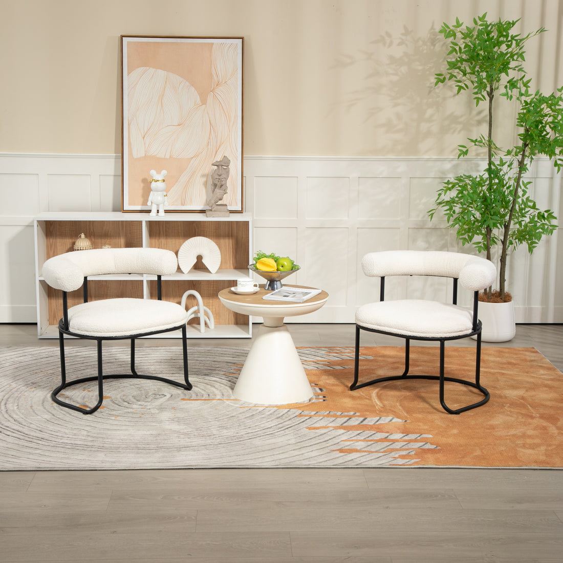 Coolmore Boucle Dining Chairs Set Of 2, Mid Century Modern Curved Backrest Chair, Round Upholstered Kitchen Chairs Beige Boucle Beige Foam Mdf Metal