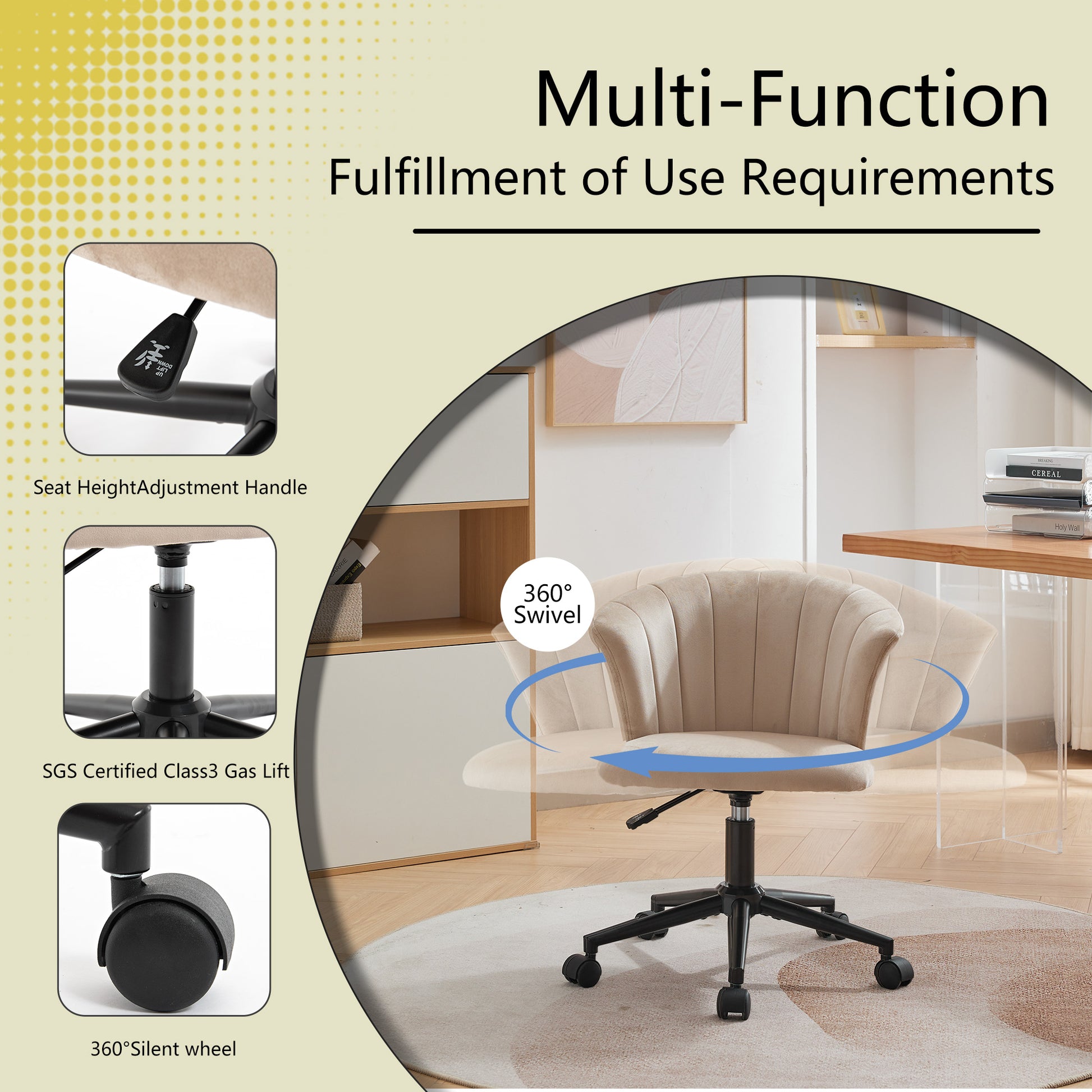 Home Office Chair, Velvet Fabric Swivel Flower Shape Computer Desk Chair For Home Office Or Bedroom Grey Black Foam Polyester Blend