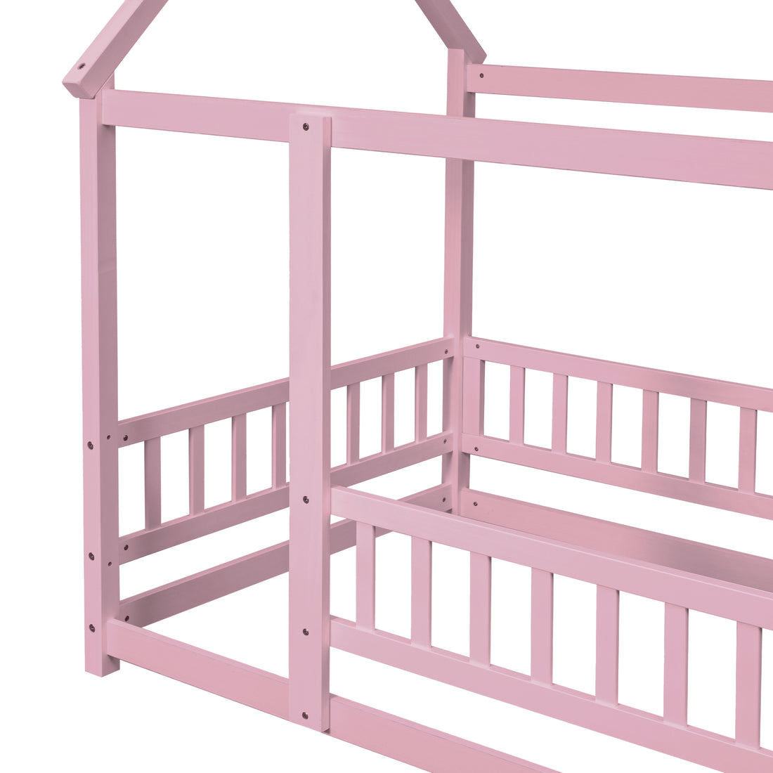 Twin Size Floor Wooden Bed With House Roof Frame, Fence Guardrails,Pink Twin Pink Pine