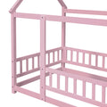 Twin Size Floor Wooden Bed With House Roof Frame, Fence Guardrails,Pink Twin Pink Pine