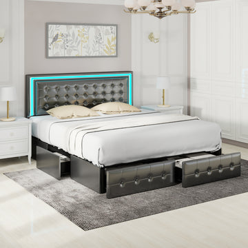 Full Size Led Bed Frame With 4 Storage Drawers, Smart Control Rgb Led Lights On Headboard,With Remote Control, Upholstered Adjustable Headbaord, Pu Leather Black Pu Mdf Metal