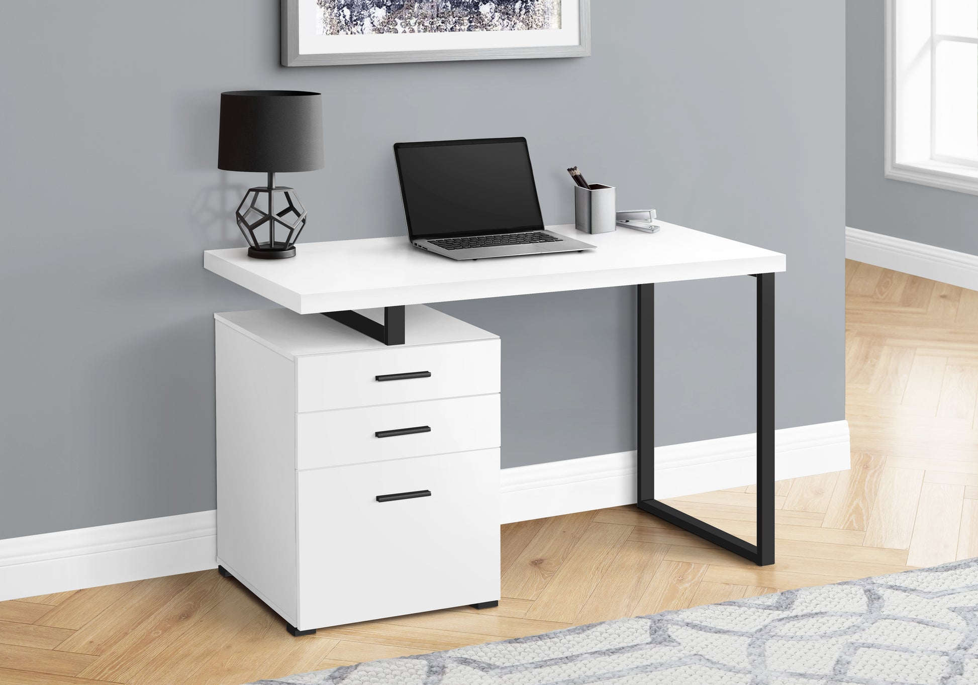 Computer Desk, Home Office, Laptop, Left, Right Set Up, Storage Drawers, 48"L, Work, White Laminate, Black Metal, Contemporary, Modern White Particle Board