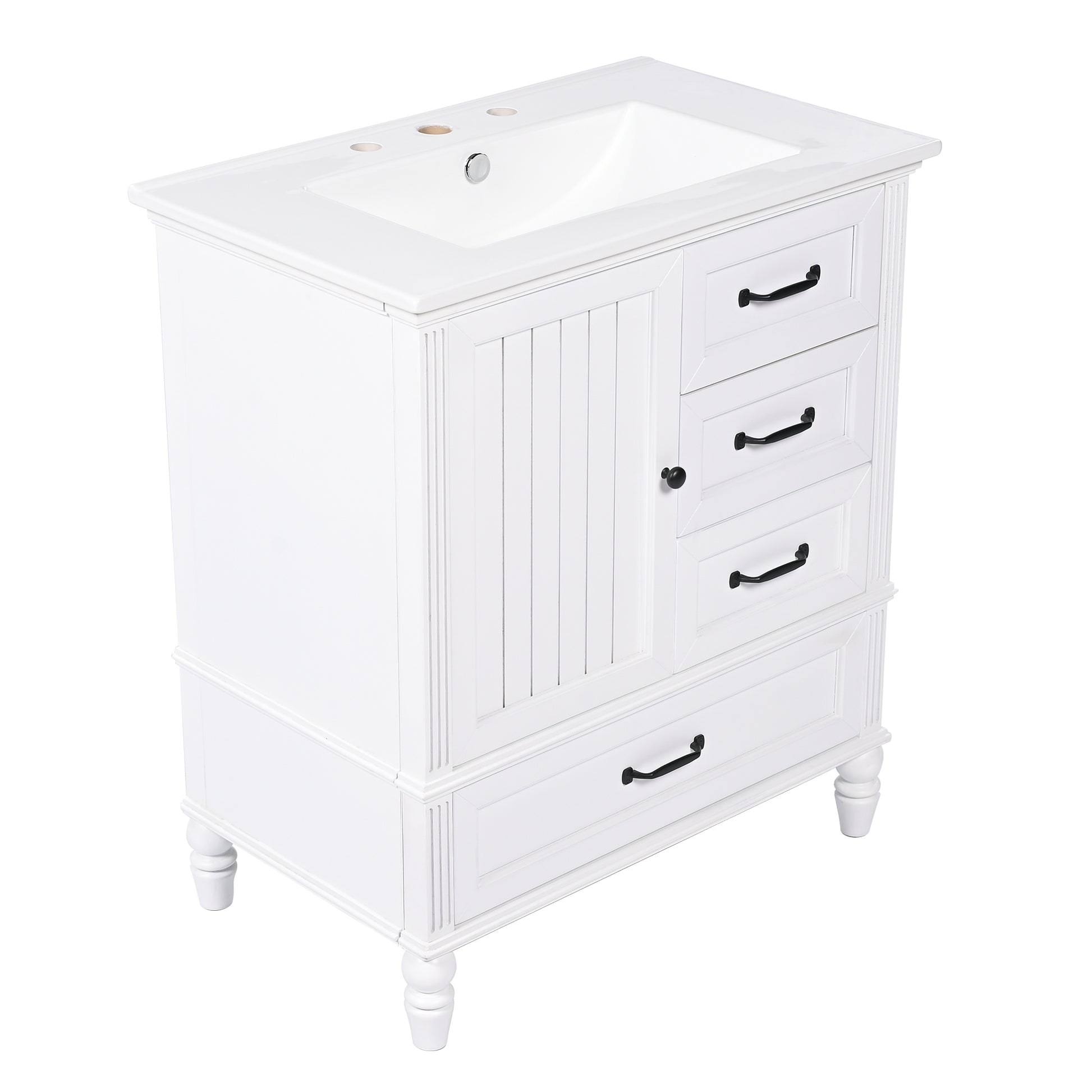 30" Bathroom Vanity With Sink, Bathroom Cabinet With A Door, Three Drawers, Solid Wood Legs & Mdf Board, Adiustable Foot Pads, White White Mdf