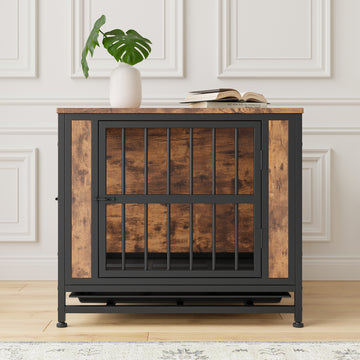 Dog Crate Furniture, Wooden Dog Crate Table, 27.48" Dog Kennel With 2 Sliding Doors And Thick Iron Door Frame, Decorative Pet Crate House For Small Dog Indoor Use Rustic Brown Black Brown Small 11 25 Lbs Mdf Metal