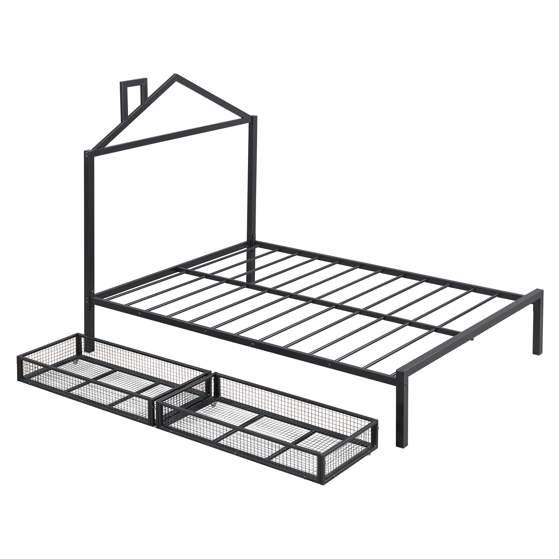 Full Size Metal Platform Bed With Two Drawers,House Shaped Headboard Design, Black Full Black Metal