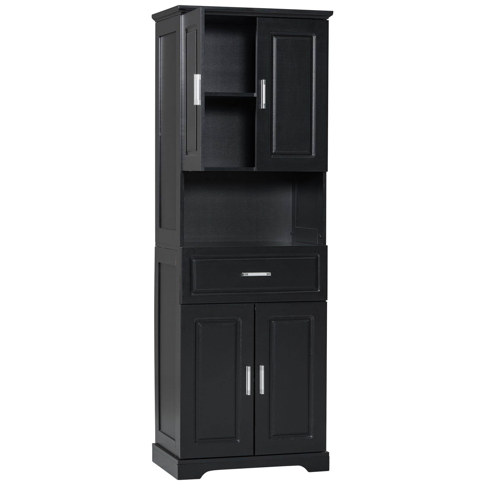 Tall Bathroom Cabinet With Four Doors, Large Storage Space Open Shelve, Upper Storage Cabinet, Black Black Mdf