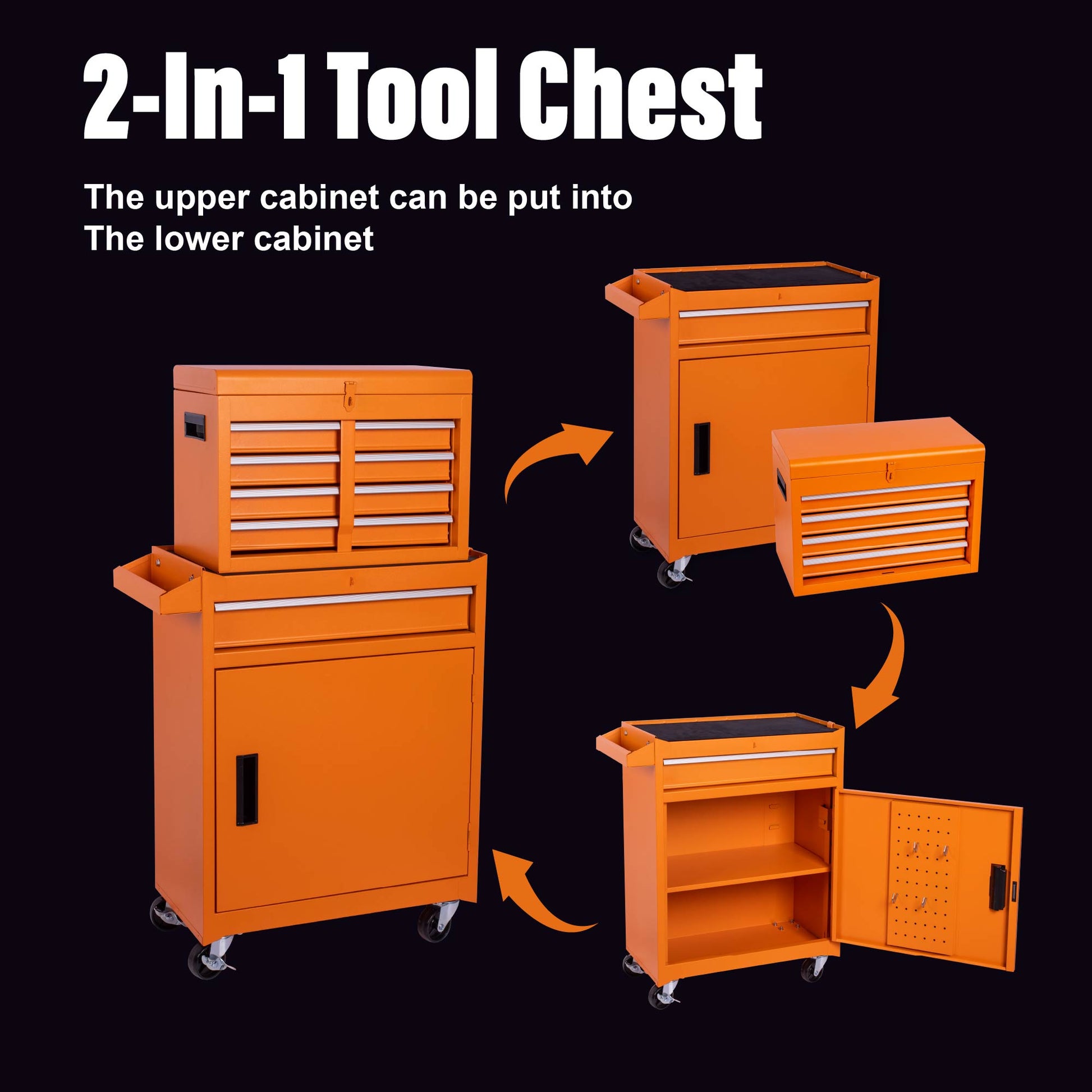Tool Chest, 5 Drawer Rolling Tool Storage Cabinet With Detachable Top Tool Box, Liner, Universal Lockable Wheels, Adjustable Shelf, Locking Mechanism, Metal Tool Cart For Garage Workshop Orange
