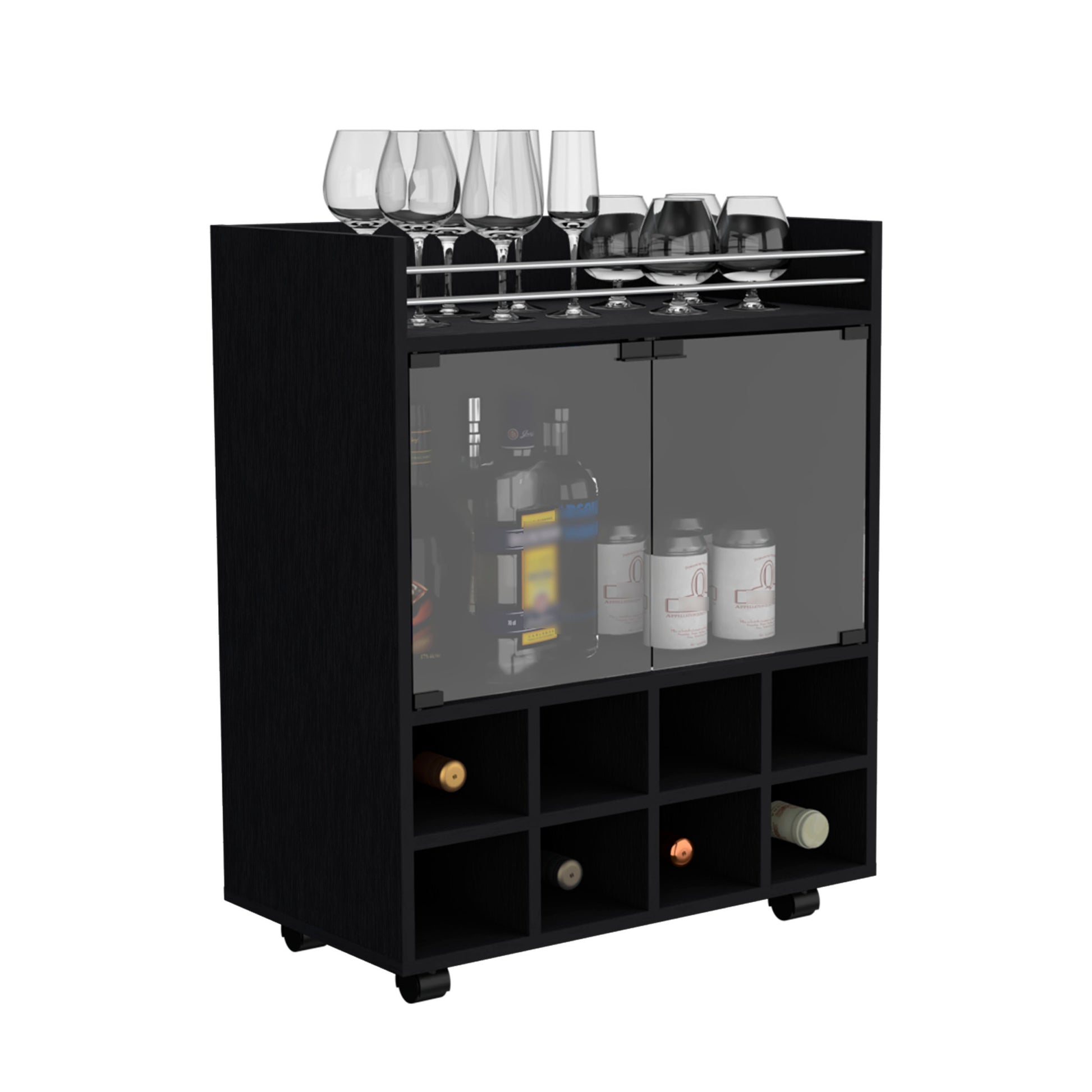 32" H Black Bar Coffee Cart, Kitchen Or Living Room Cabinet Storage With 4 Wheels, With 8 Bottle Racks, A Central Shelf Covered By 1 Galss Door, Ideal For Storing Glasses And Snacks Black Particle Board Particle Board