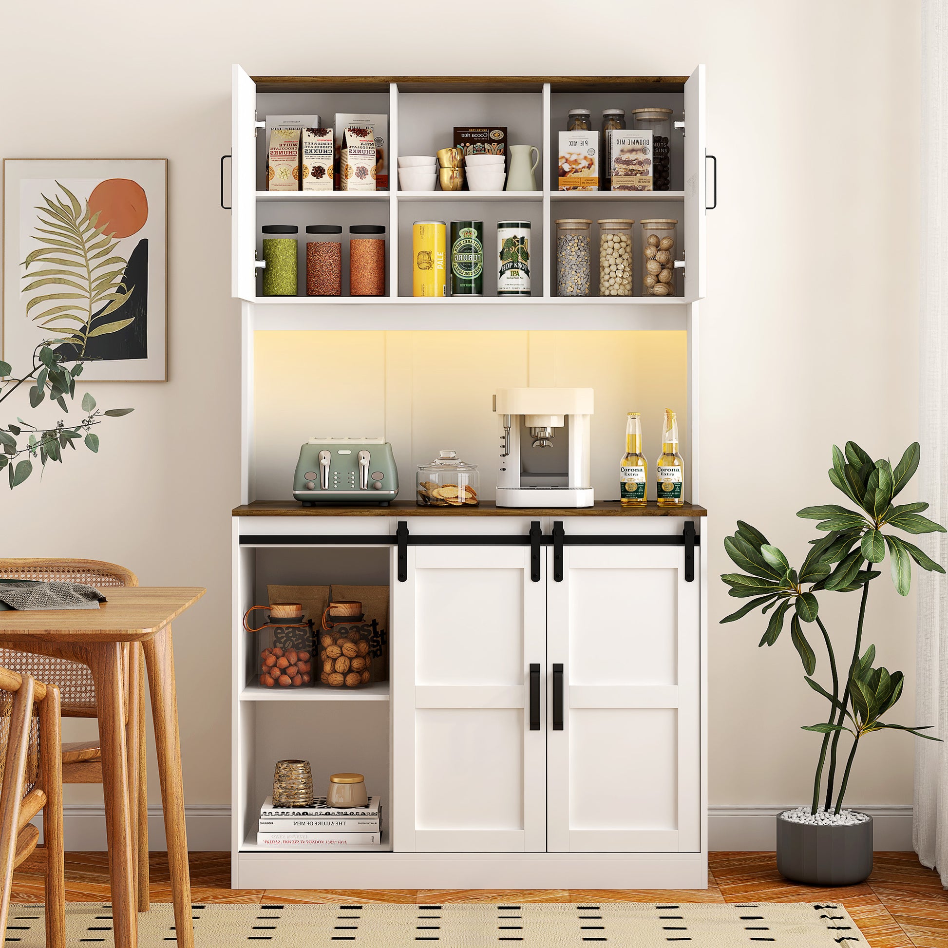 Farmhouse Bar Cabinet With Sliding Barn Door, Large Kitchen Buffetrustic Coffee Bar Sideboard Table,White White Mdf