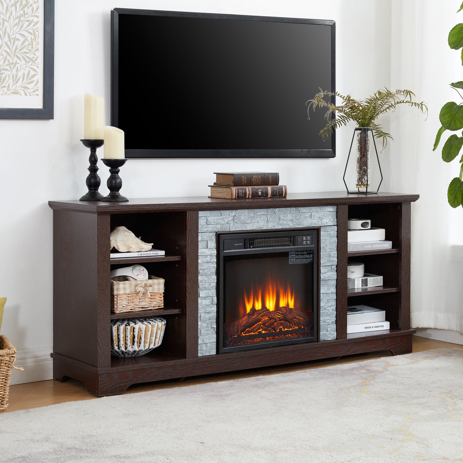 Faux Stacked Stone Tv Media Stand With Open Storage Modern Entertainment Console Space With 18" Fireplace Insert, Cherry, 58.31"W*15.39"D*26.06"H Cherry 60 69 Inches Mdf