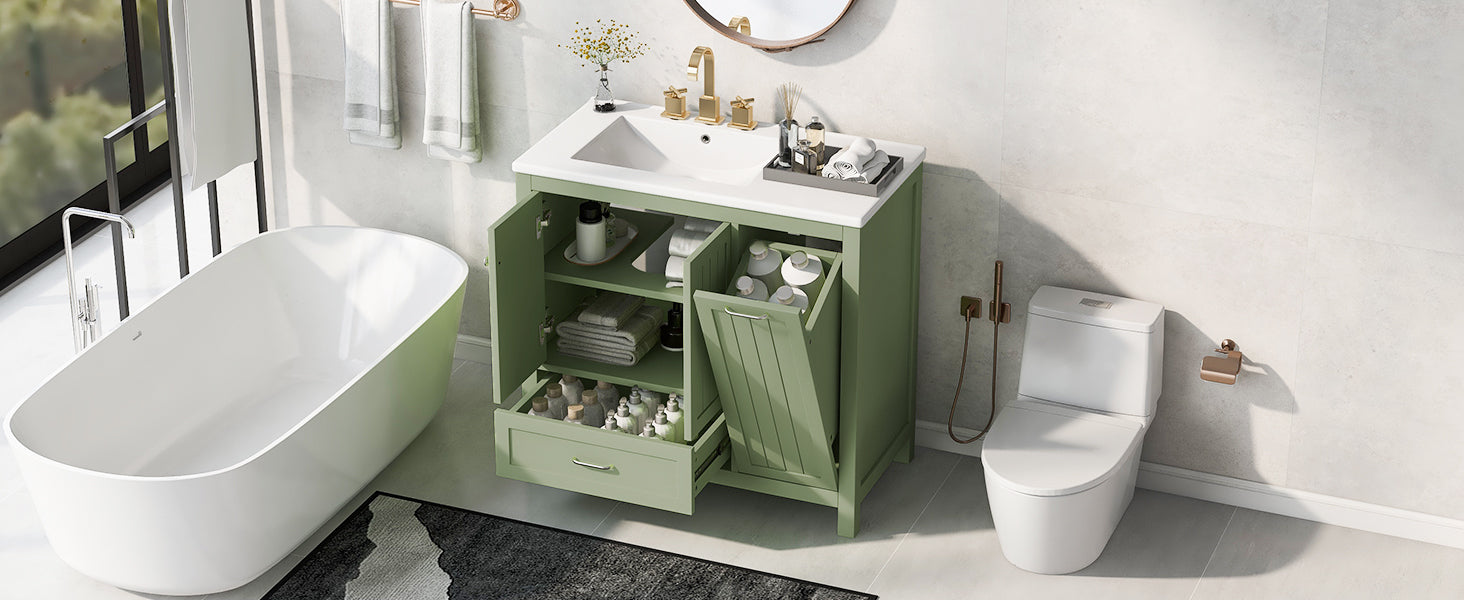 36" Bathroom Vanity With Sink, One Cabinet With Two Doors And One Big Drawer And One Flip Drawer, Solid Wood And Mdf Board, Green Green Solid Wood Mdf