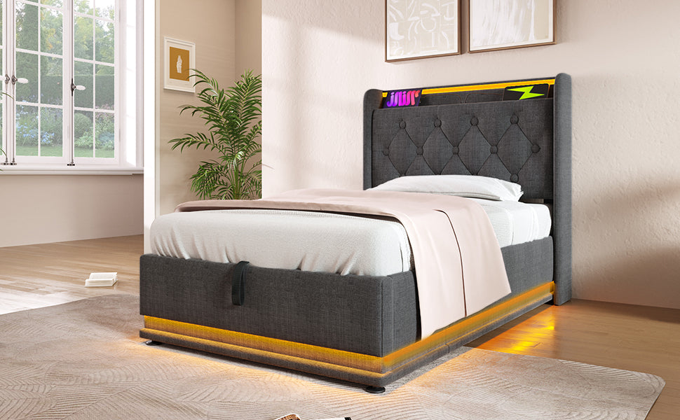 Twin Size Upholstered Bed, 360 Surround Led Function, Buttons Apps Remote Control, Hydraulic Storage Bed With Usb Type C Charging, Gray,Linen Without Mattress Twin Gray Linen