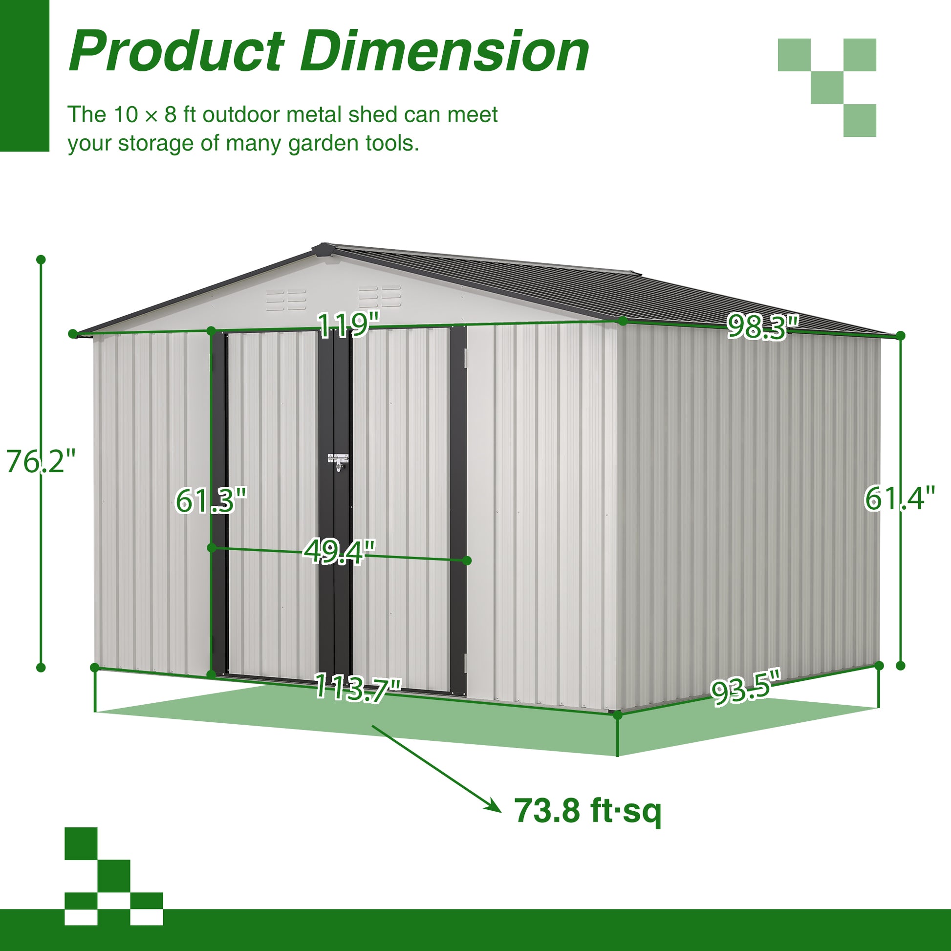 10X8 Ft Outdoor Storage Shed, All Weather Metal Sheds With Lockable Doors, Tool Shed For Garden, Patio, Backyard, Lawn, Grey White Metal