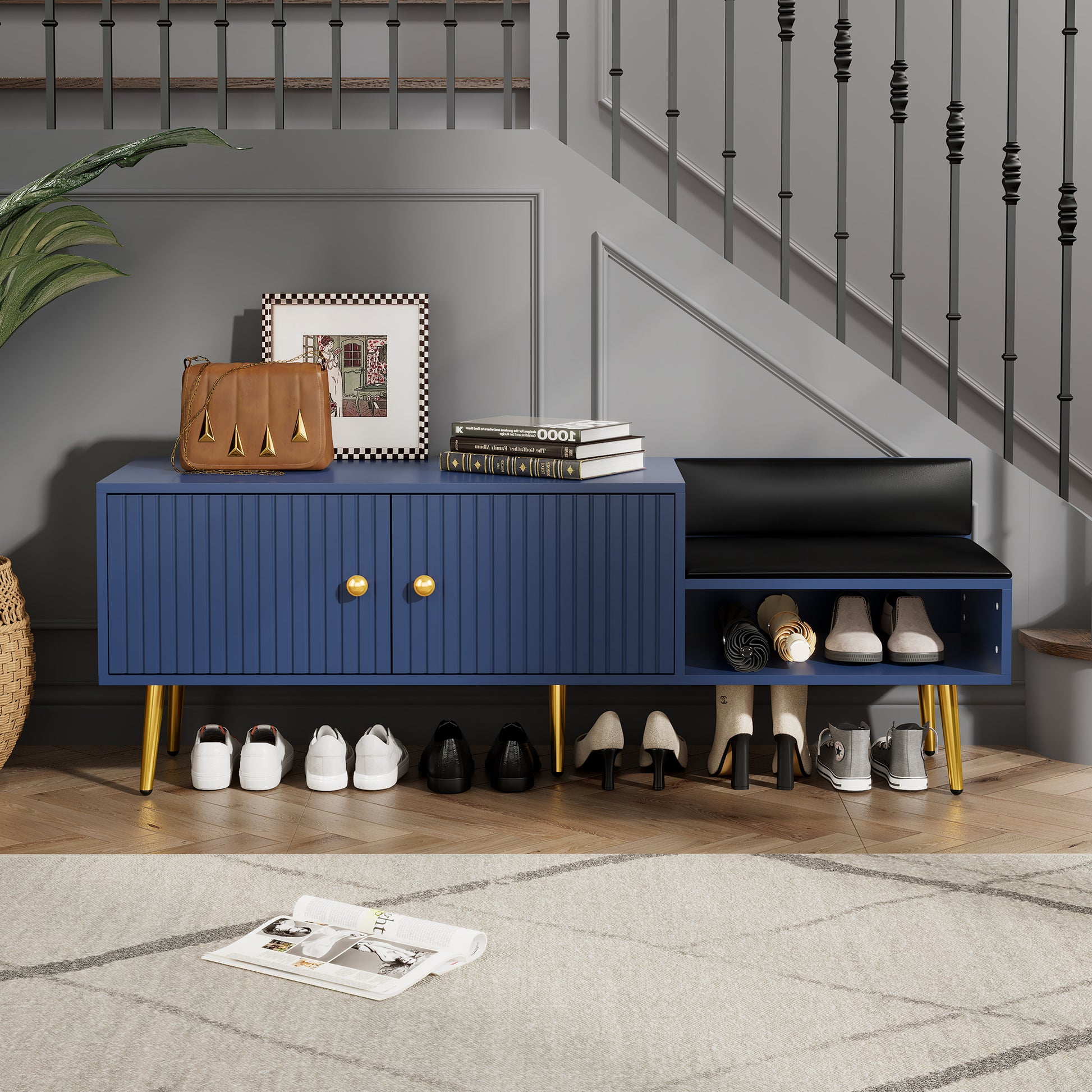 Modern Shoe Storage Bench With Hidden Storage And Upholstered Cushions For Bedside, Living Room And Entryway Navy Navy Mdf Metal