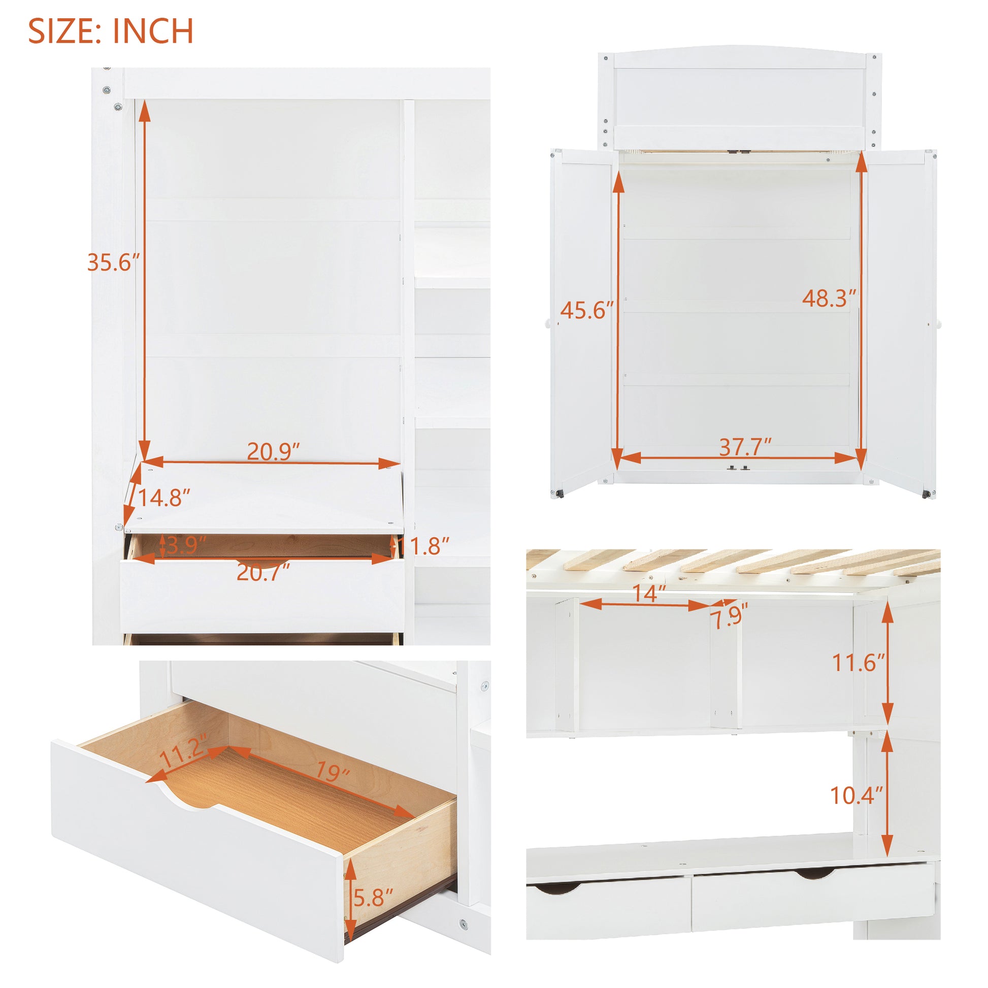 Twin Size Loft Bed With Desk, Wardrobes, 4 Drawers And 4 Shelves White Twin White Solid Wood