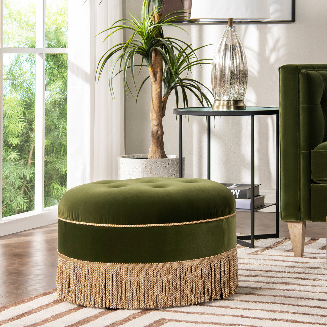 Yolanda 24" Round Upholstered Accent Ottoman, Olive Green Performance Velvet Olive Green Foam Velvet