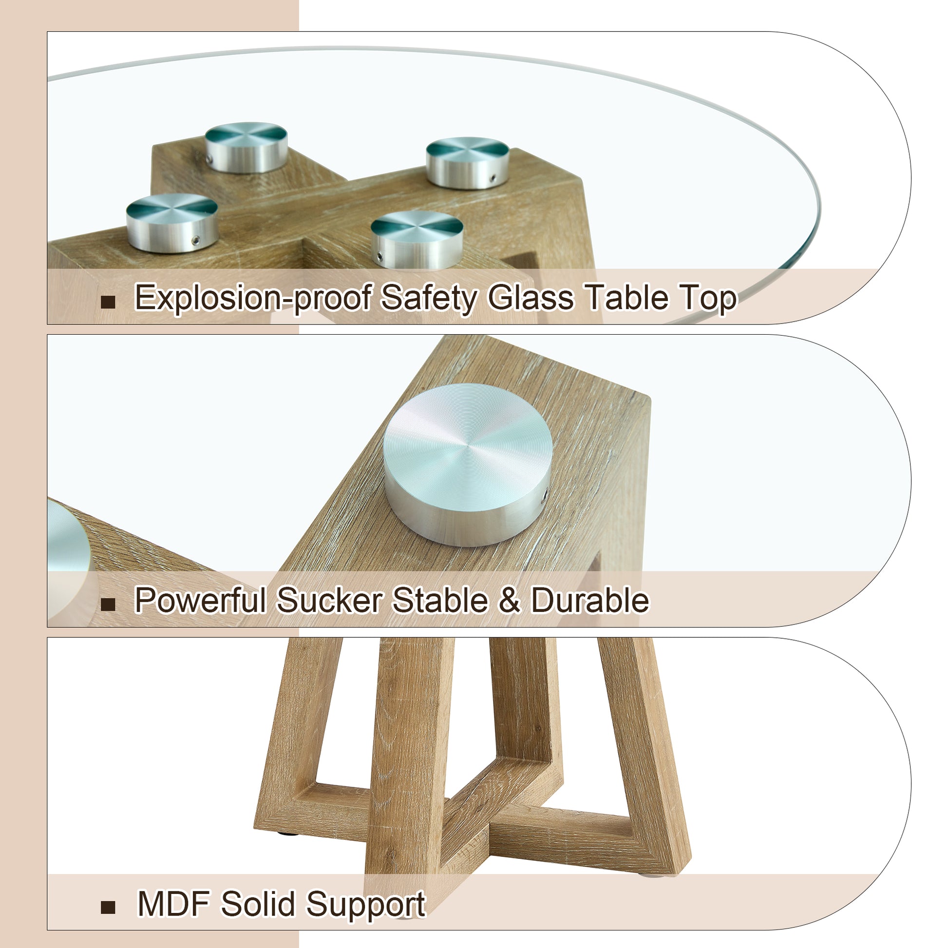 Modern And Practical Round Table. Made Of Clear Tempered Glass Top And Wood Coloured Mdf Material. Suitable For Living Rooms And Bedrooms. Wood Mdf Glass