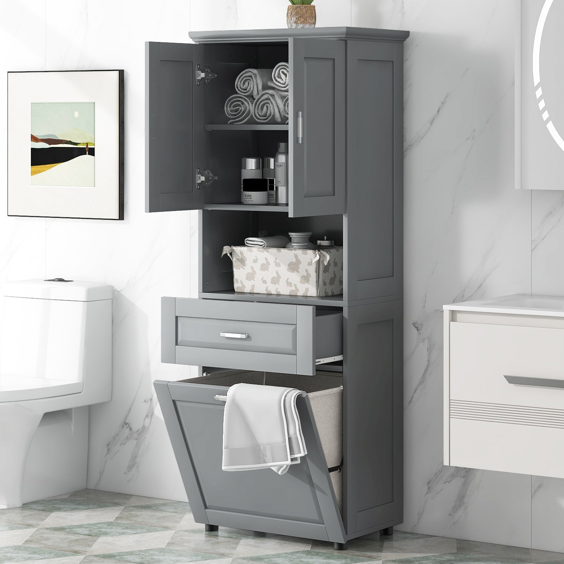 Tall Bathroom Cabinet With Laundry Basket, Large Storage Space Tilt Out Laundry Hamper And Upper Storage Cabinet, Grey Grey Mdf