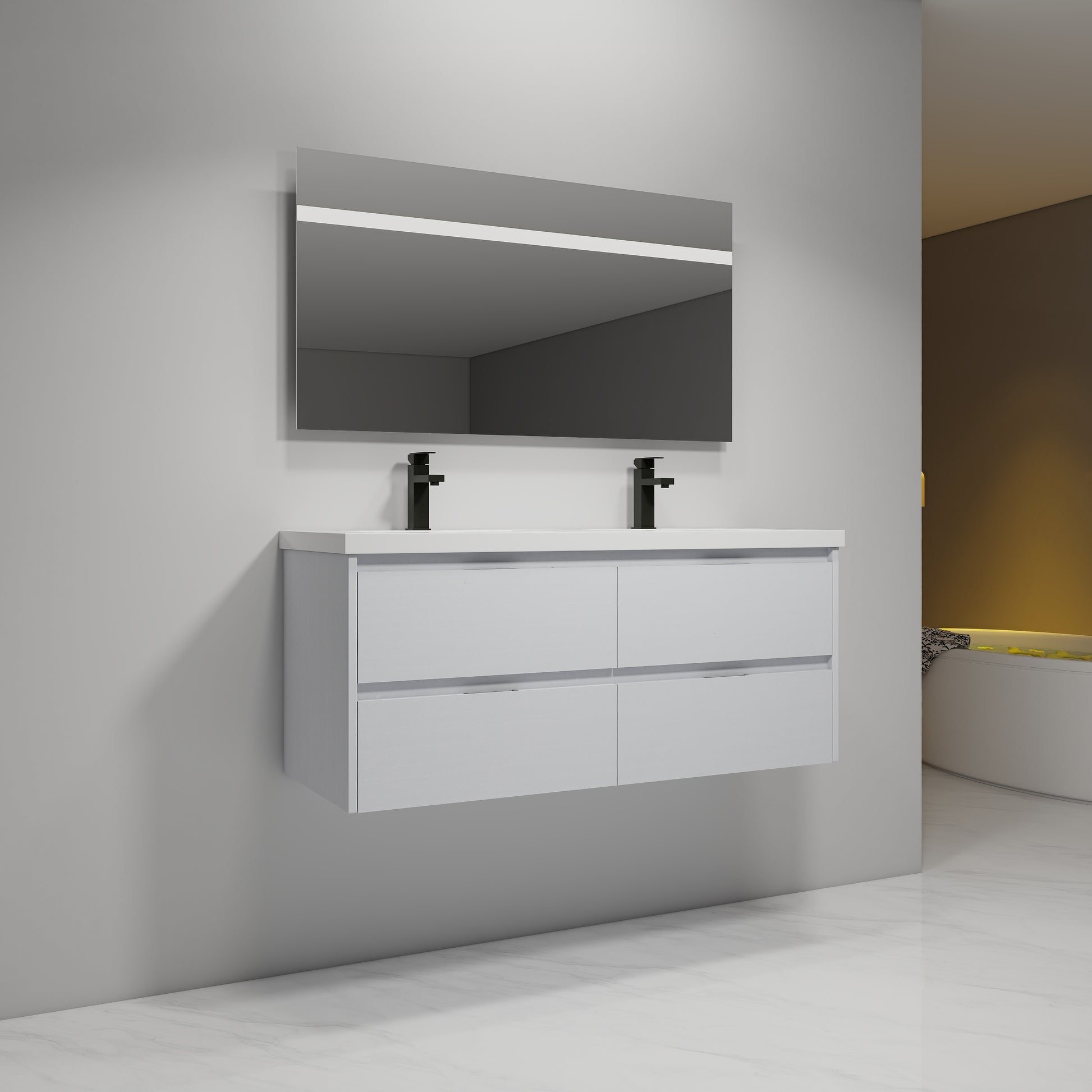 48 Inch Bathroom Vanity With Dual Sink, Resin Sink, 4 Soft Close Drawers, 48X18 4 White Straight Grain Bathroom Wall Mounted Modern Plywood