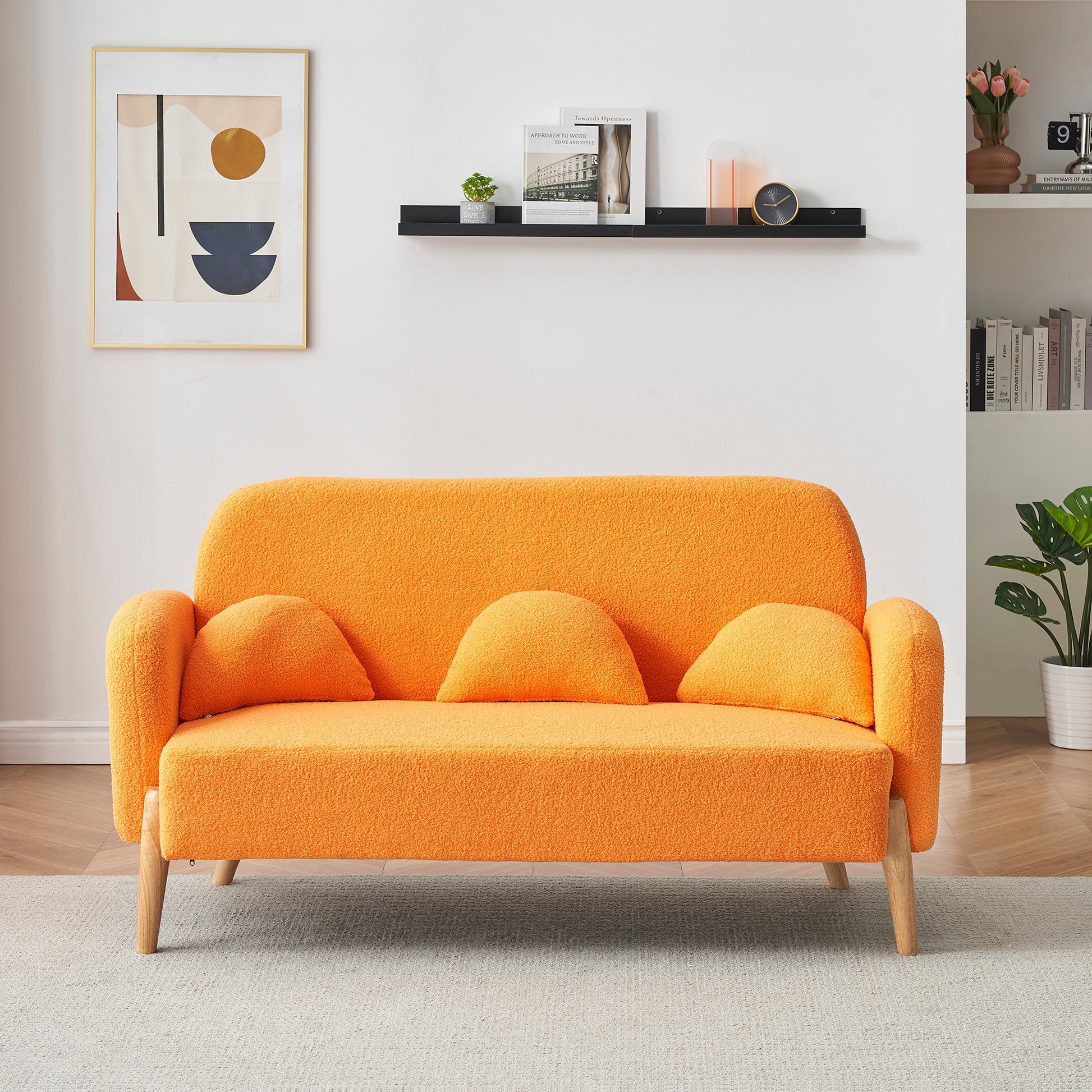 59.1" Teddy Velvet Beige Two Seater Sofa With Three Lumbar Pillows Orange Wood Primary Living Space Eucalyptus Square Arms Foam Teddy 2 Seat