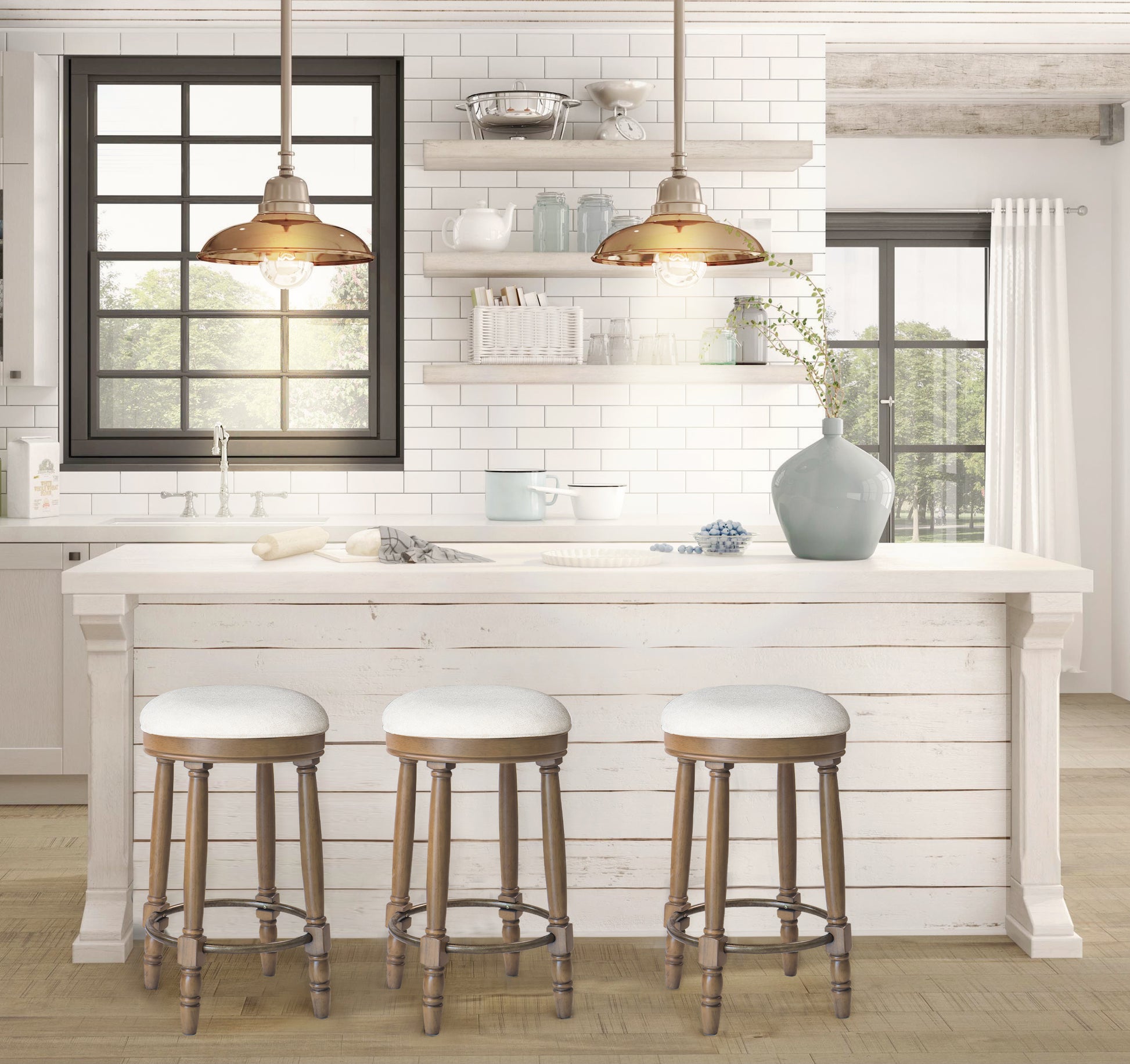 Barstools Set Of 2, 360 Degree Swivel, Accent Wooden Swivel Seat Counter Height Bar Stool,White Fabric Cushioned Seat, Bar Stool Perfect For Dining & Living Room With Light Brown,Natural Height 26"
