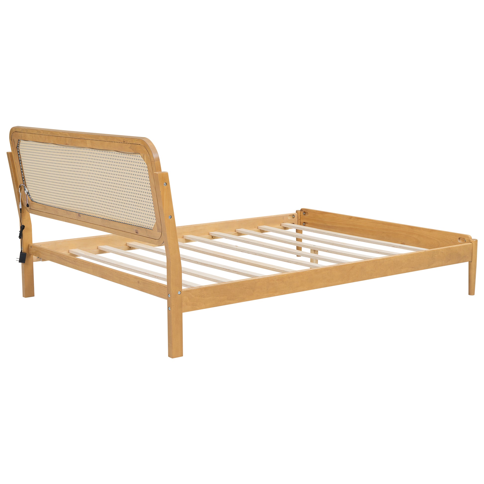 Queen Size Wood Storage Platform Bed With Led Light, Rattan Headboard, Nature Box Spring Not Required Queen Antique Natural Wood Bedroom Bed Frame Wood Rattan