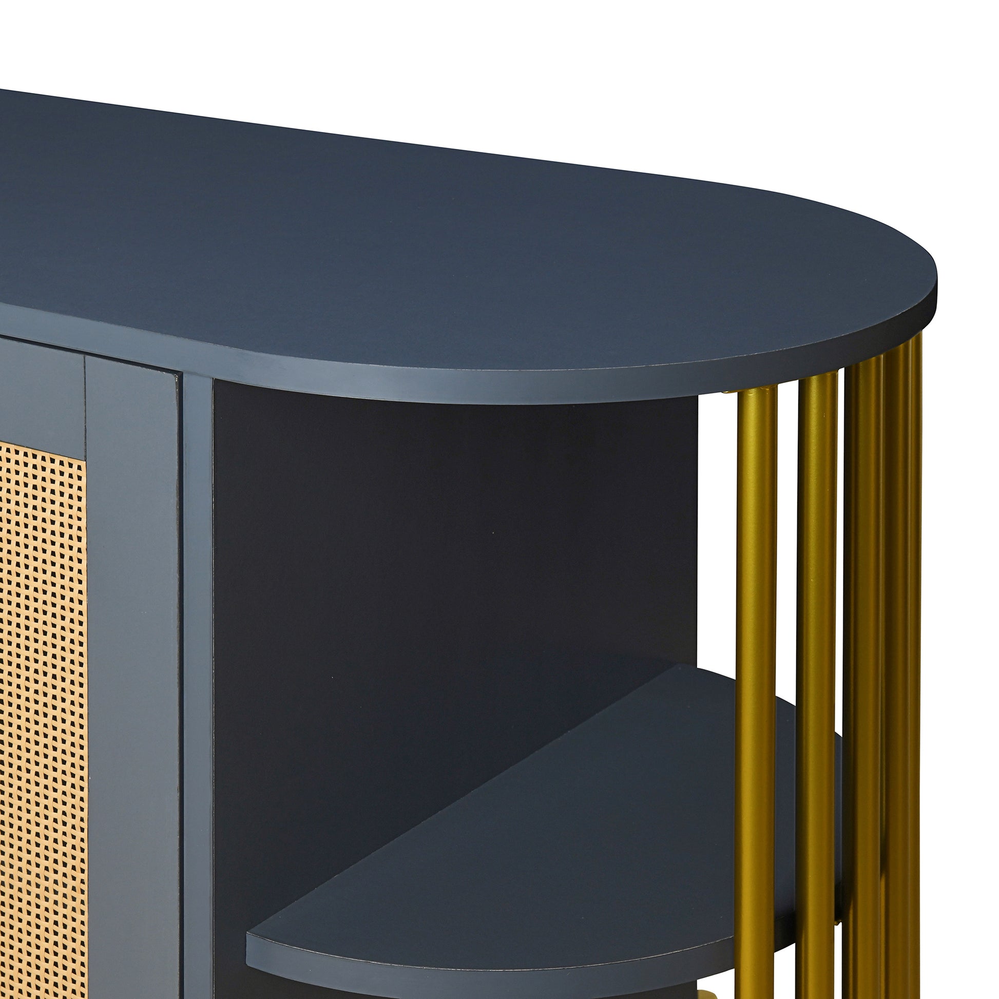 2 Door Elegant Curved Dining Cabinet With Gold Trim And Woven Rattan Doors For Dining Room Dark Gray Dark Gray Particle Board