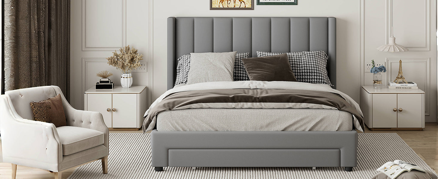 Queen Size Storage Bed Velvet Upholstered Platform Bed With A Big Drawer Gray Old Sku:Wf296854Aae Queen Gray Velvet