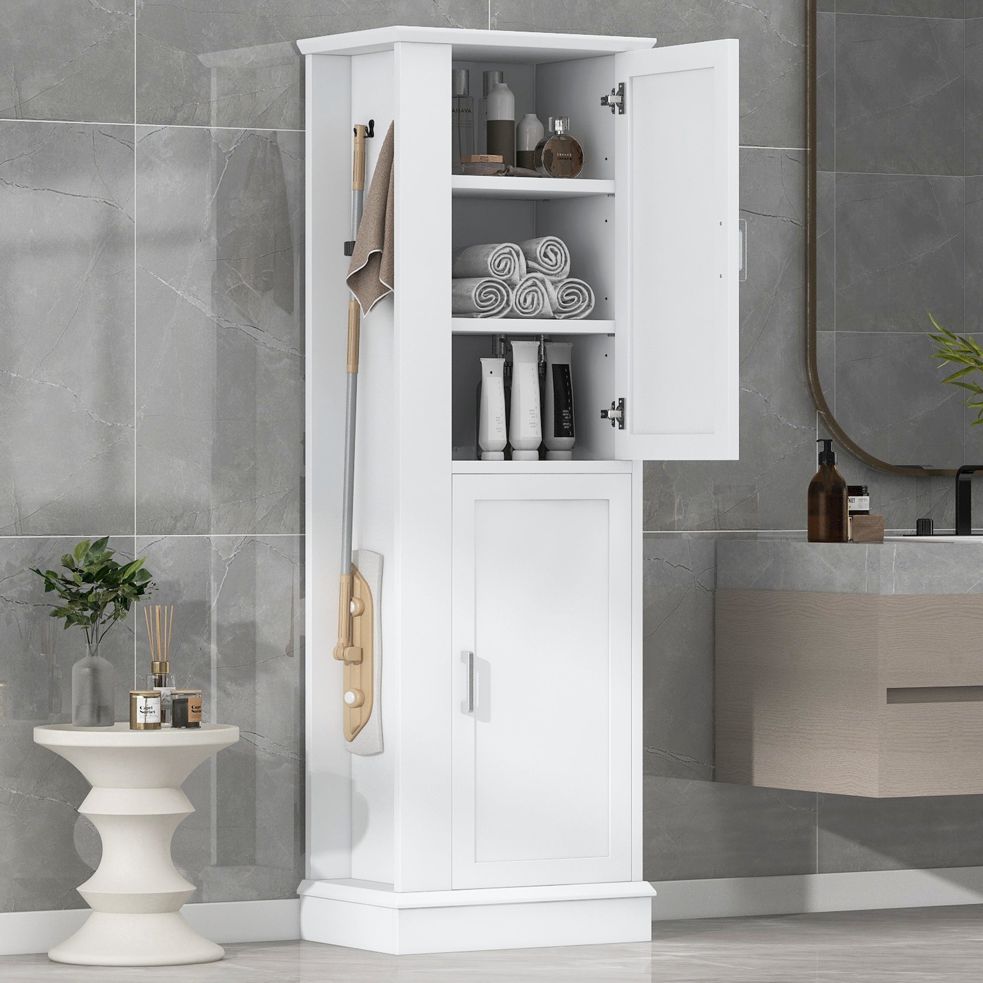 Tall Bathroom Storage Cabinet, Freestanding Storage Cabinet With Hook And Adjustable Shelf, Mdf Board, White White 2 Mdf