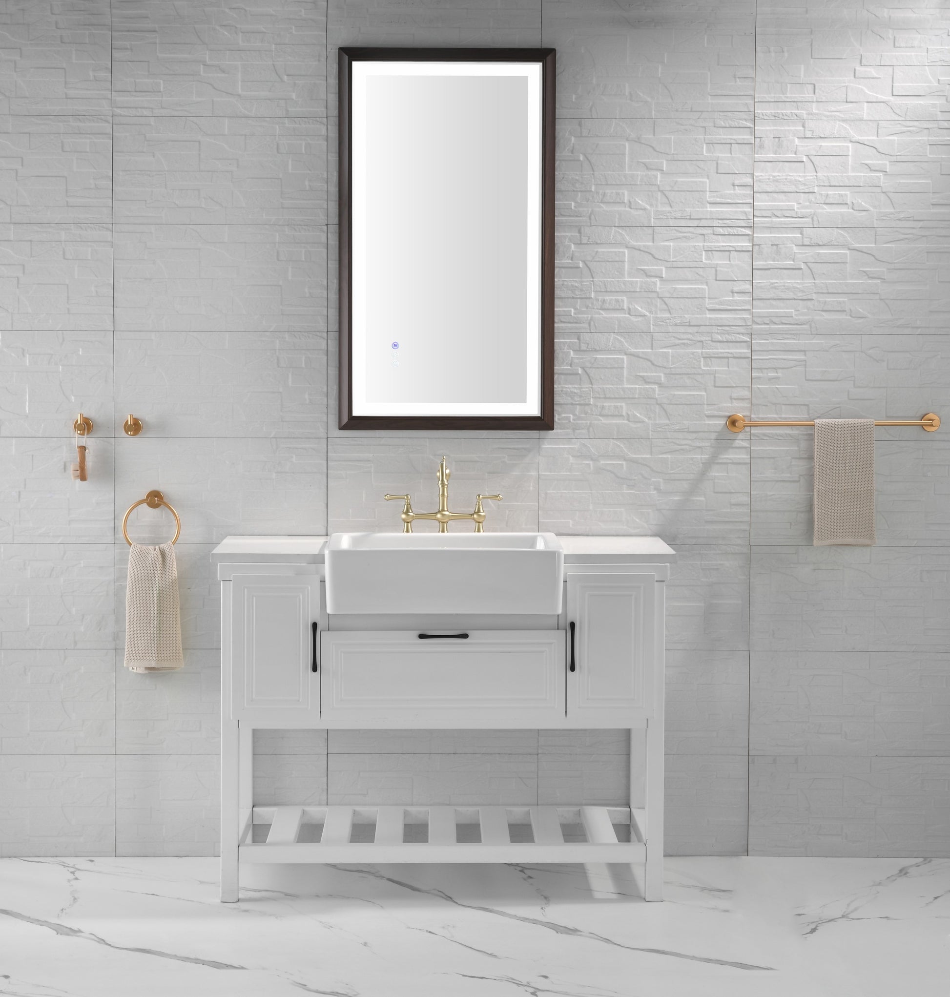 Bathroom Led Mirror Is Multi Functional And Each Function Is Controlled By A Smart Touch Button. Brown Aluminium