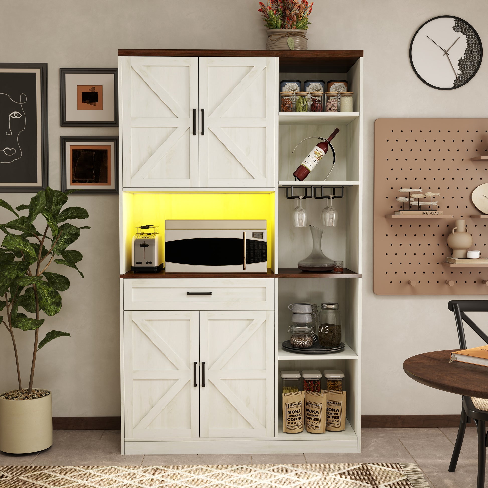 70.87'' Multifunctional Farmhouse Kitchen Pantry Sideboard With Cabinet And Drawer, Kitchen Buffet With Hutch And Glass Holder, Microwave Stand With Charging Station For Kitchen And Dining Room