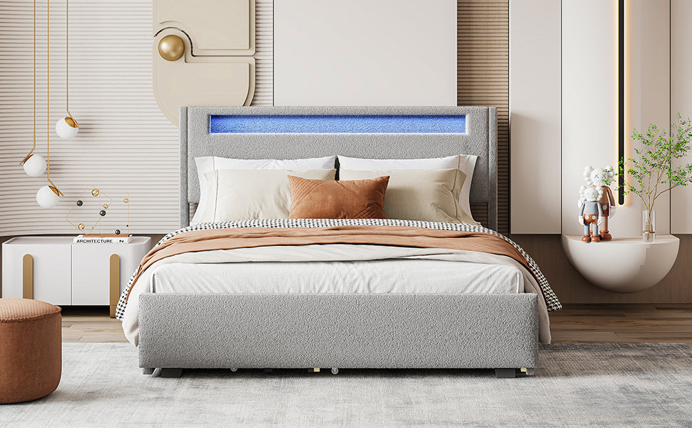 Queen Size Upholstered Platform Bed With Led Frame, With Twin Xl Size Trundle And 2 Drawers, Teddy Fleece, Gray Gray Fleece