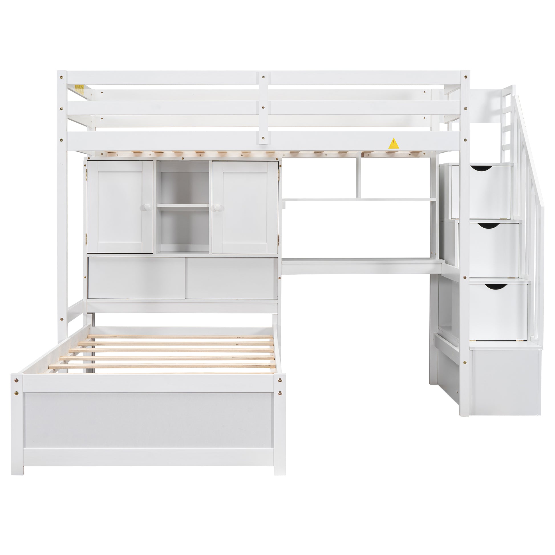 Twin Over Twin Loft Bed With Built In Desk And Staircase, With Storage Compartments And Shelves, White Twin Box Spring Not Required White Wood Pine