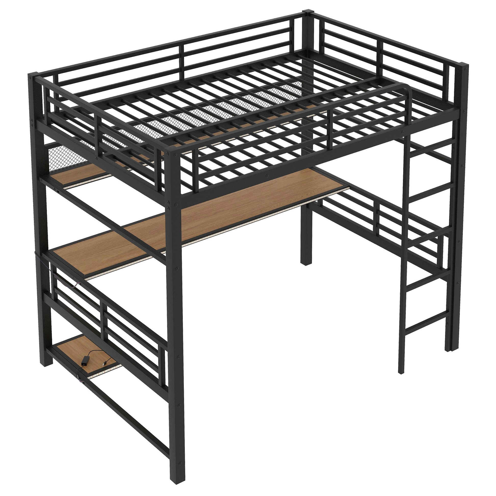 Full Size Metal Loft Bed Frame With Storage Shelf And Led Light,Iron Mesh,Black Black Metal