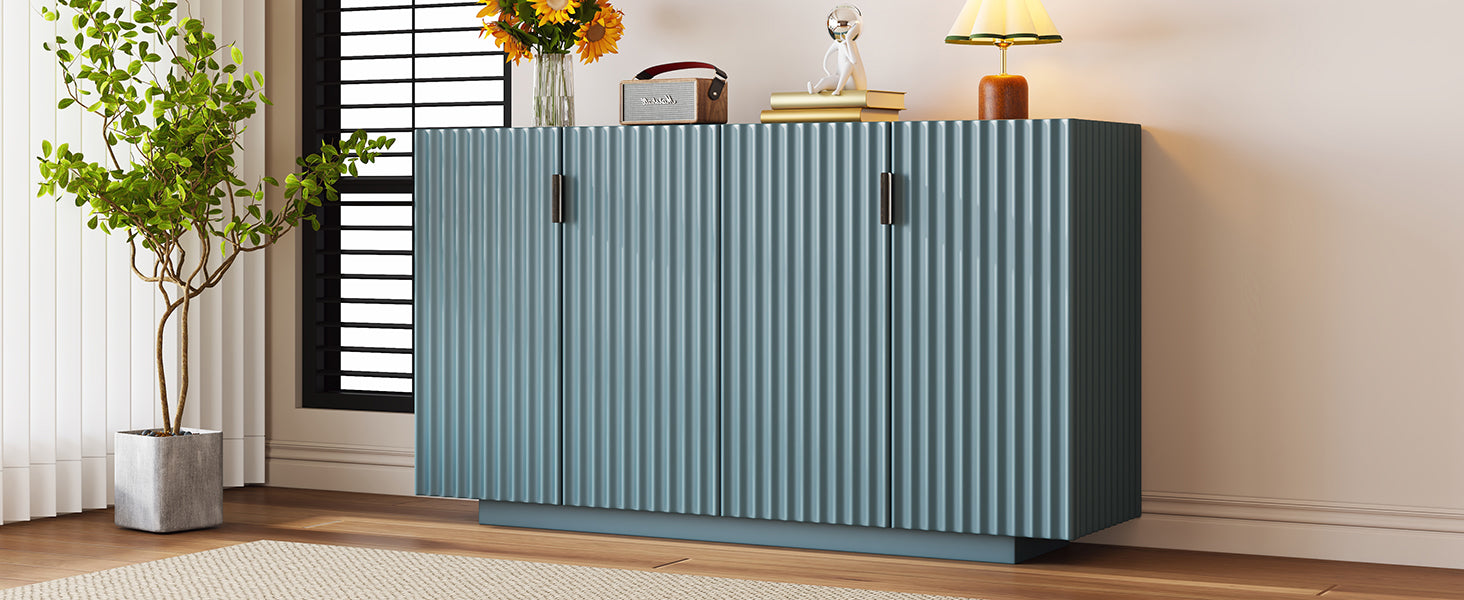 4 Wavy Doors Large Storage Space Sideboard With Adjustable Shelves And Retro Copper Handles For Dining Room And Living Room Antique Blue Antique Blue Mdf