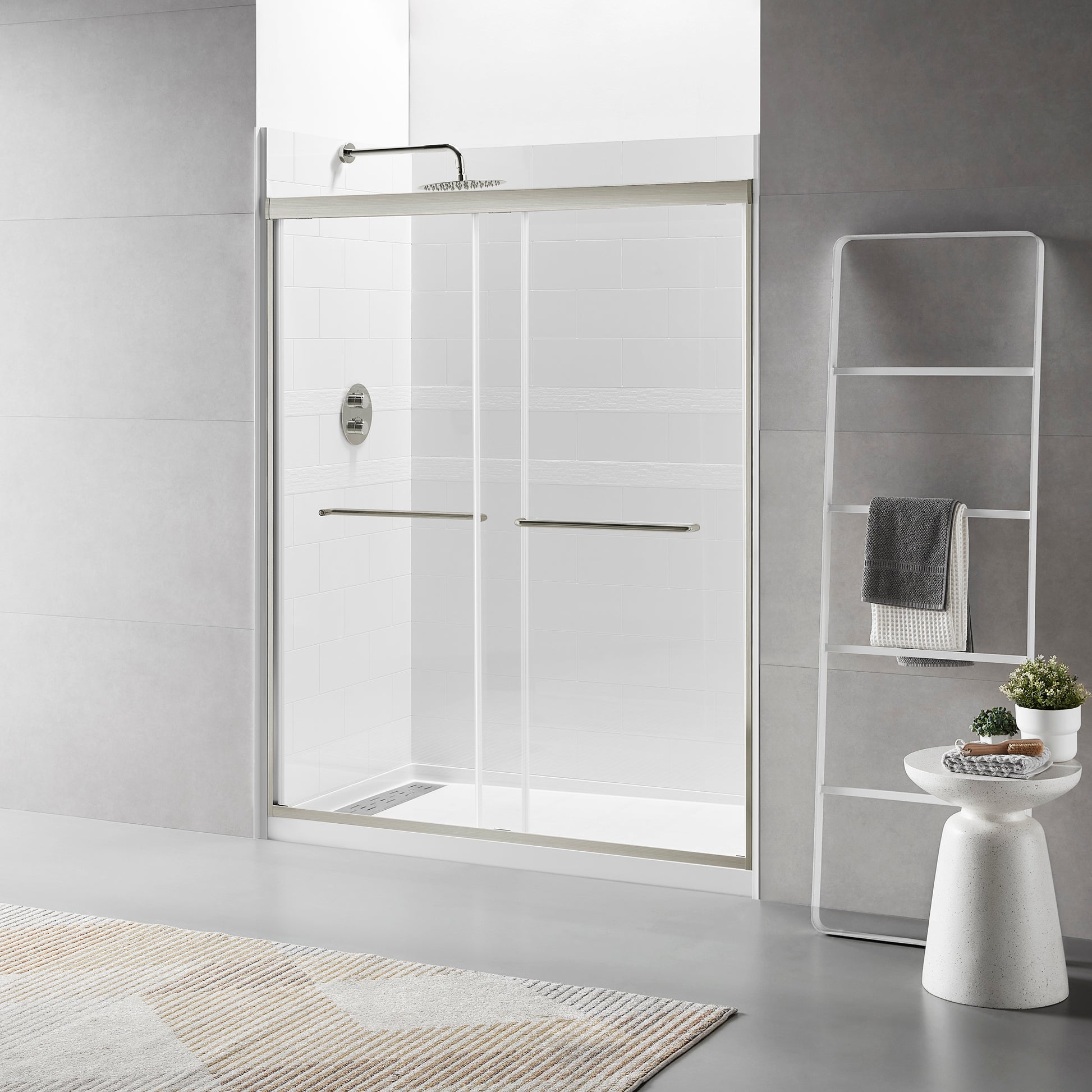 56" 60"W X 70"H Framed Shower Door, Bathroom Double Sliding Shower Door, 1 4" 6Mm Clear Tempered Glass, Bypass Glass Door, Brushed Titanium Finish Brushed Titanium Bathroom American Design Glass