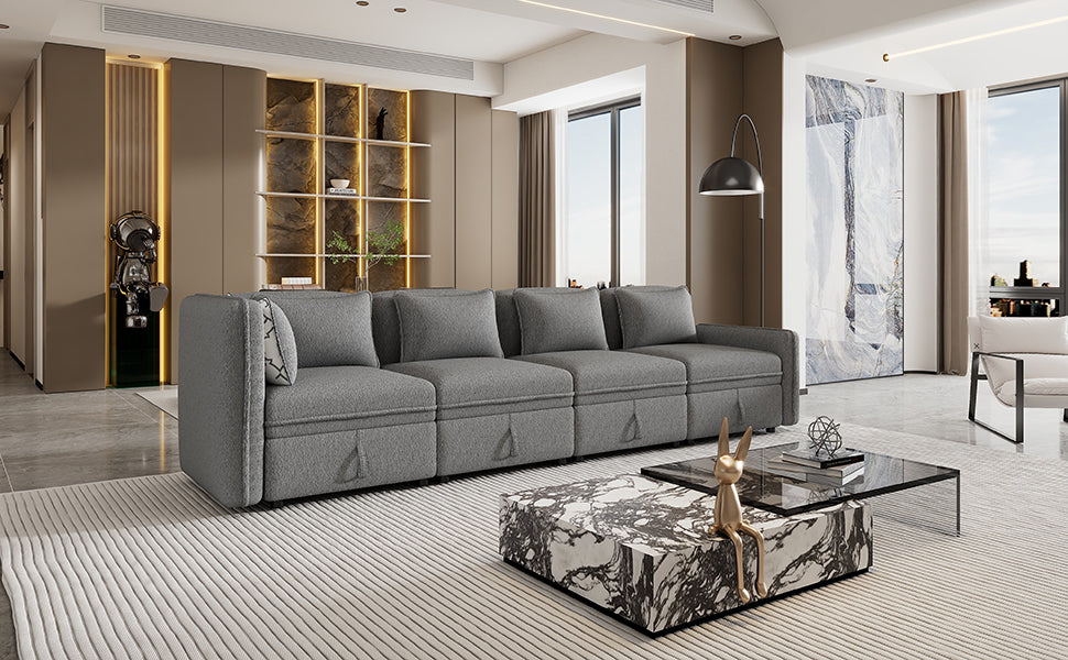 122.8" Convertible Modular Minimalist Sofa Free Combination 4 Seater Sofa Chenille Fabric Sectional Sofa With 5 Pillows For Living Room, Office, Apartment, Small Space, Gray Gray Foam Chenille 4 Seat