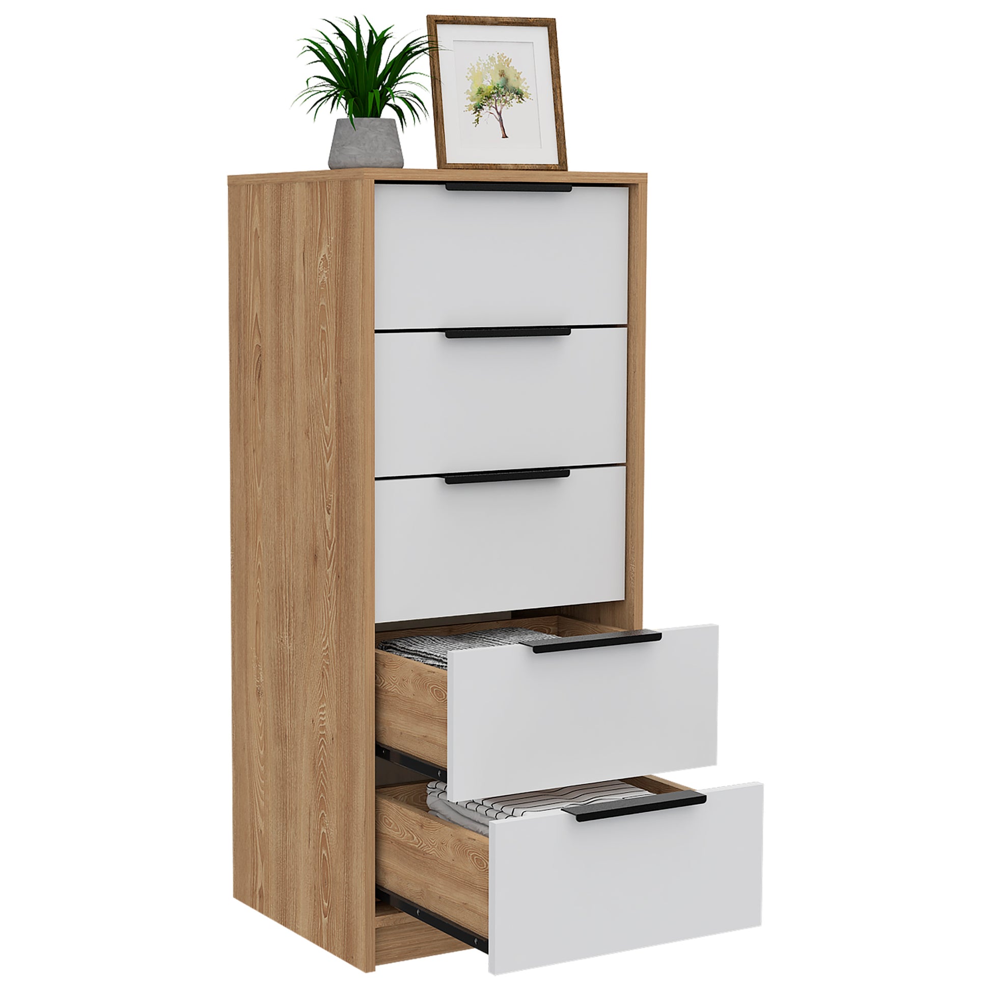 Dresser 42"H, 5 Drawer, Vertical Dresser, White Light Oak Multicolor Particle Board Particle Board