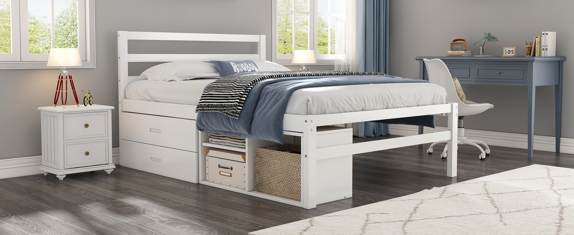 Full Size Wood Platform Bed With Removable Storage Shelves, Built In Two Storage Drawers For Added Convenience, White Full White Wood