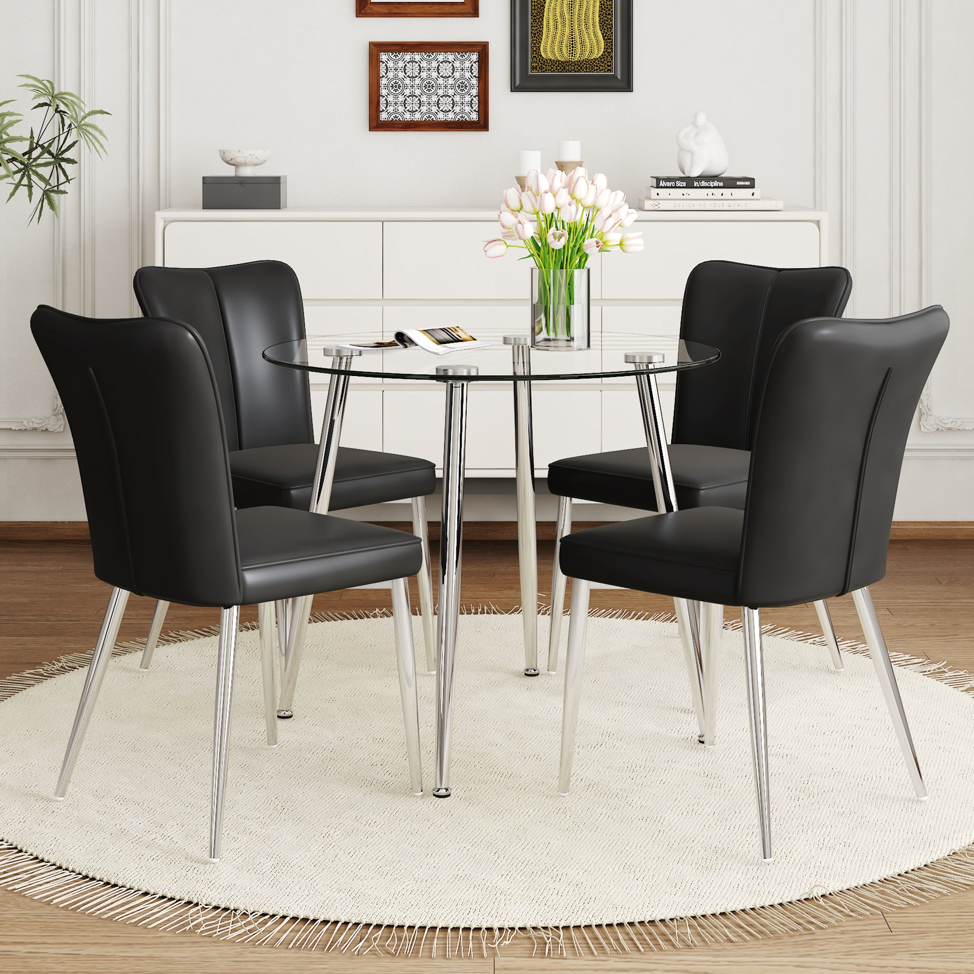 Table And Chair Set.A Modern Minimalist Round Dining Table With Transparent Tempered Glass Top And Silver Metal Legs,Paried With Chairs With Pu Backrest And Seat Cushion And Silver Metal Legs. Black Seats 4 Glass Metal