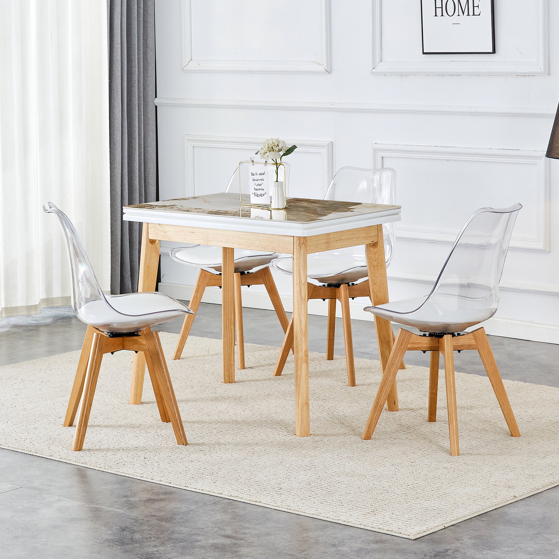 White Stone Burning Tabletop With Rubber Wooden Legs, Foldable Computer Desk, Foldable Office Desk,4 Modern Chairs Can Rotate 360 Degrees,The Seat Cushion Is Made Of Pu Material. Zd 1545Sc 003 White Sintered Stone
