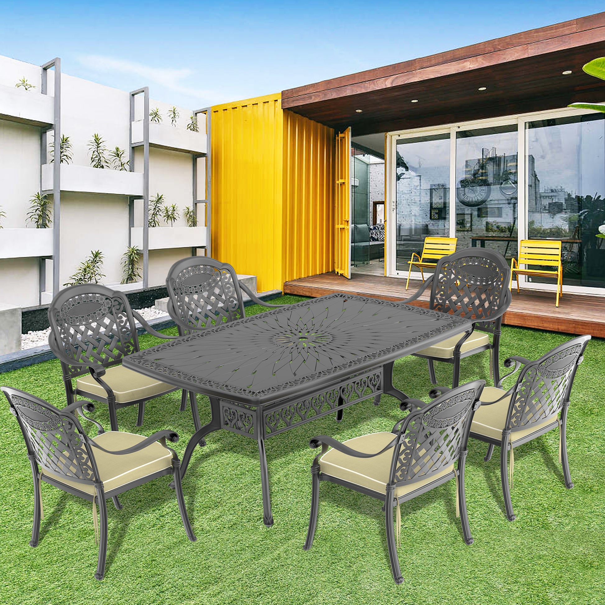 Cushions In Random Colors 7 Piece Set Of Cast Aluminum Patio Furniture With Cushions Yes Dining Set Black Seats 6 Rust Resistant Frame Water Resistant Cushion Garden & Outdoor Complete Patio Sets Aluminium