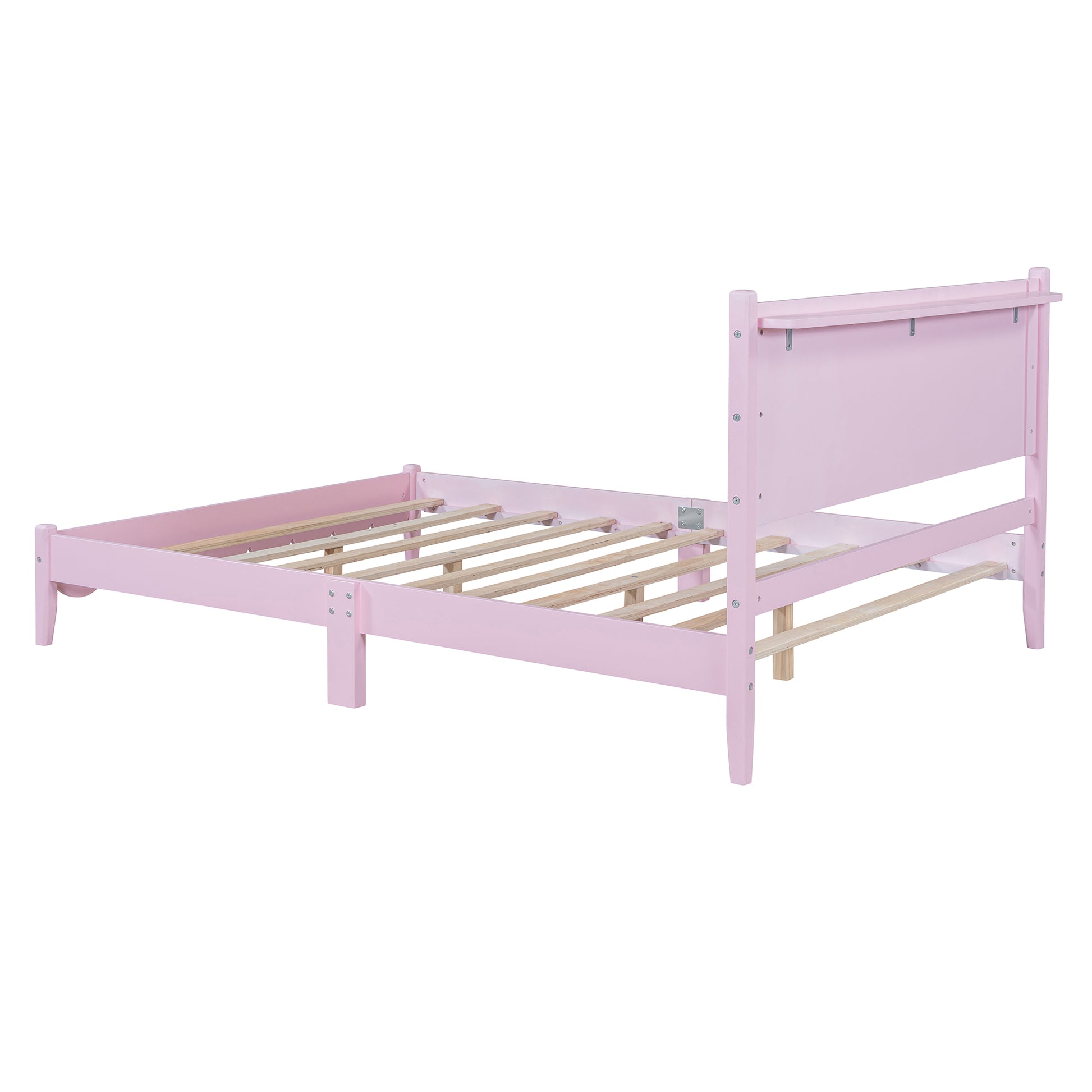 Full Size Wood Platform Bed Frame, Retro Style Bed With Rectangular Headboard,No Need Box Spring,Pink Full Pink Wood