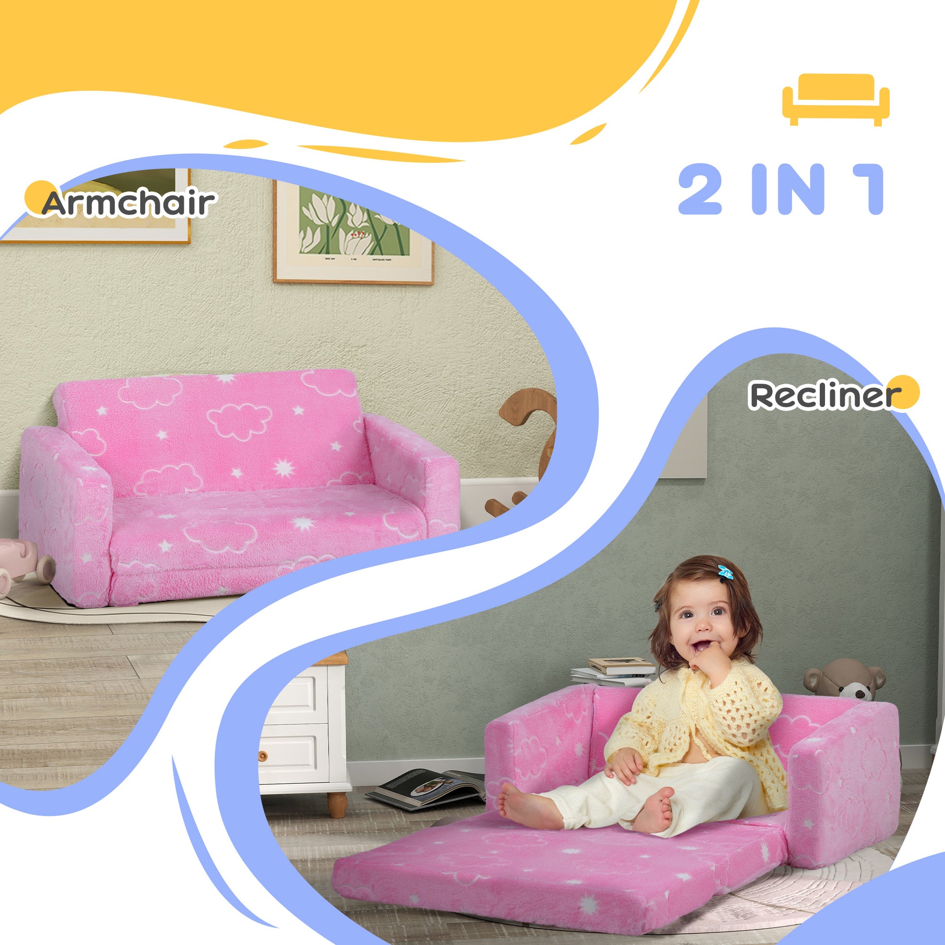 Qaba 2 In 1 Kids Sofa Chair, Toddler Couch With Glow In The Dark Cosmic Patten, Washable Cover, Fold Out Convertible Sofa To Lounger For Playroom Bedroom, Pink Pink Foam