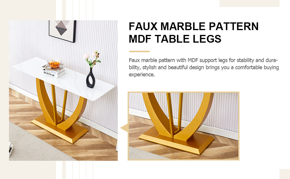 Modern And Simple Rectangular Glass Dining Table In White With A Pattern, 0.39 "White Top And Gold Legs, Suitable For Entrance And Living Room. White Glass