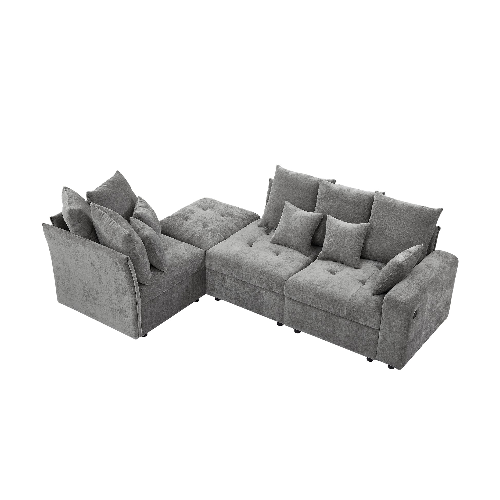 96.45"Sectional Sofa Modular Sofa Couch With Three Usb Ports, A Removable Storage Ottoman And Five Back Pillows For Living Room, Grey Grey Foam Chenille 4 Seat