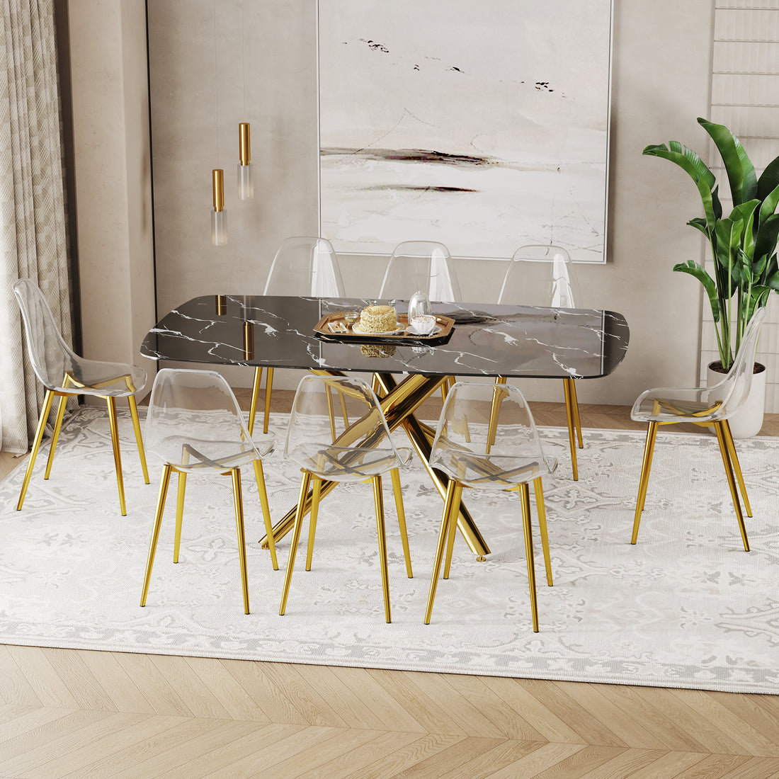 Table And Chair Set.Modern Luxurious Black Marble Patterned Tempered Glass Dining Table Set With Transparent Pp Chairs.8 Transparent High Quality Pp Dining Chairs With Golden Legs. Gold Black Seats