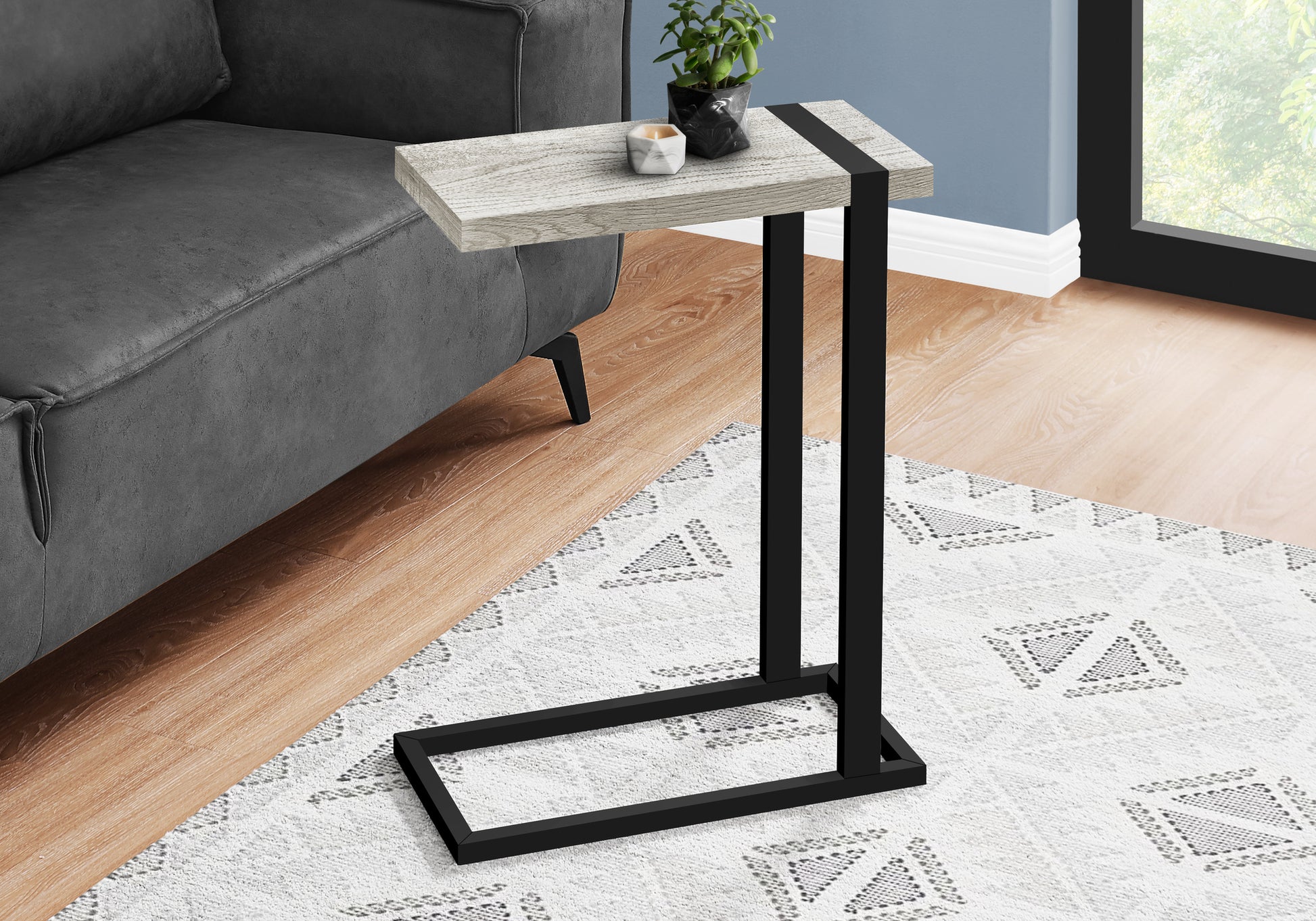 Accent Table, C Shaped, End, Side, Snack, Living Room, Bedroom, Grey Laminate, Black Metal, Contemporary, Modern Grey Mdf