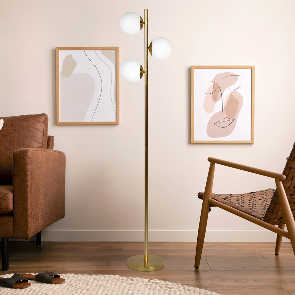 Brilliance Modern Gold Brush Floor Lamp, Opal Glass Shades And Round Metal Base Clear,Gold Brass,Glass